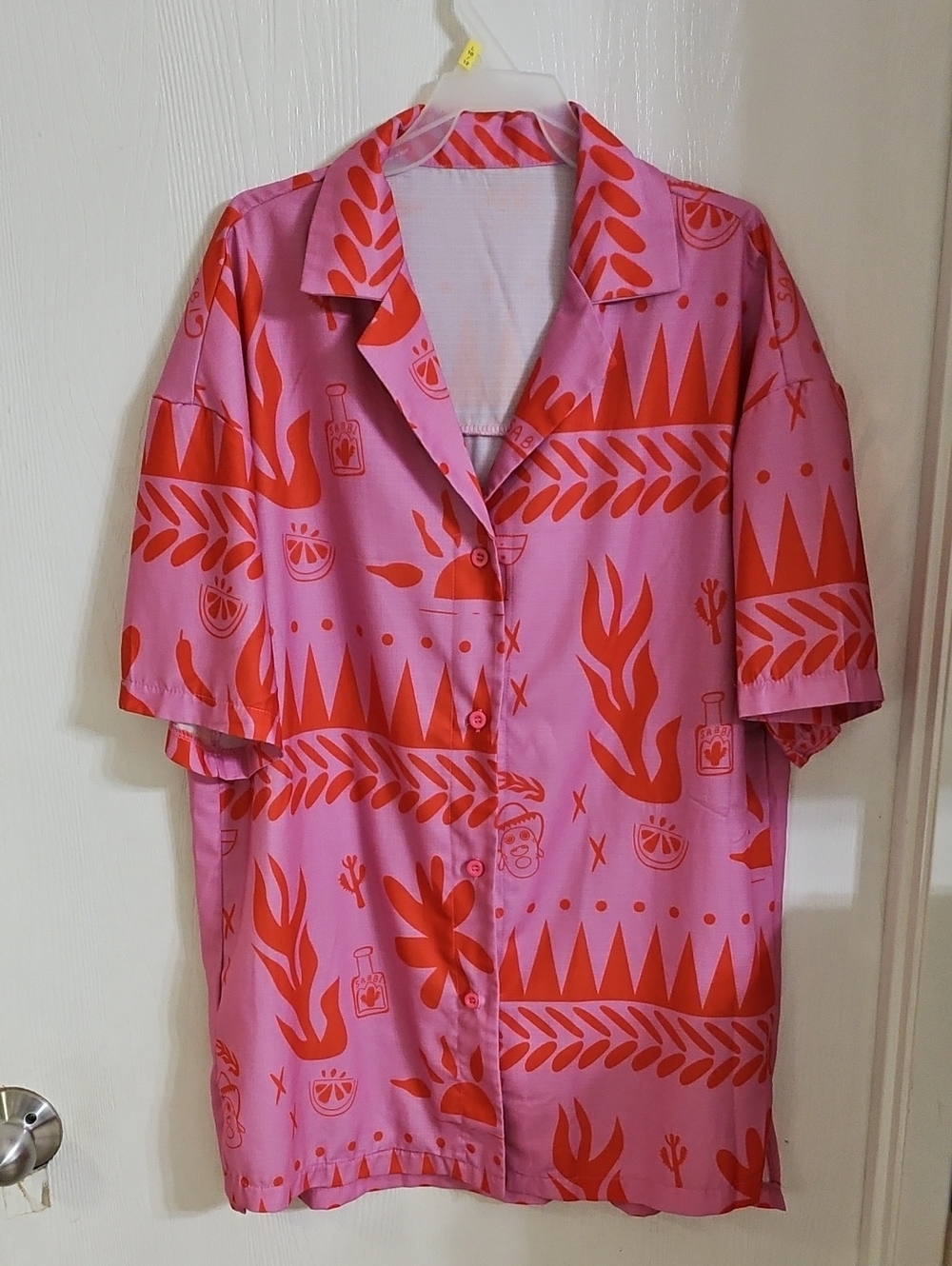 Women's Pink Short-Sleeve Button-Down Shirt with Red Print